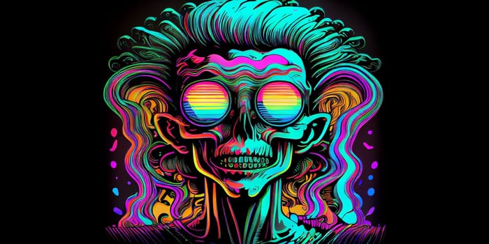 Psychedelic trippy alien cartoon 70s, rave style, acid color. Retrowave concept. AI Generative.