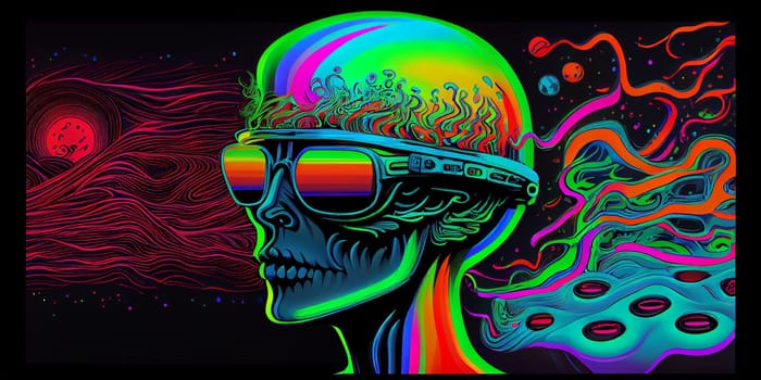 Psychedelic trippy alien cartoon 70s, rave style, acid color. Retrowave concept. AI Generative.