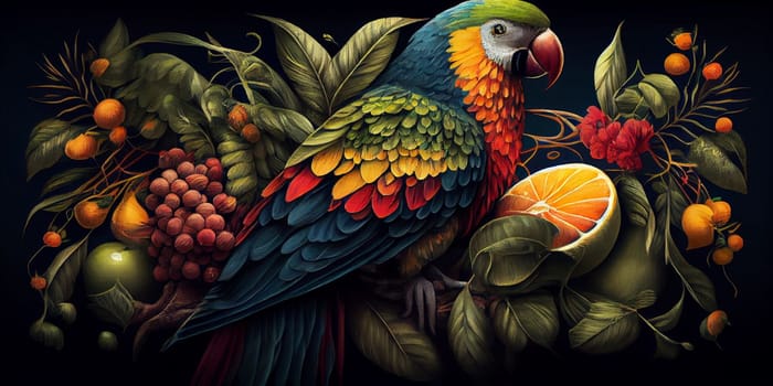 Tropical vintage exotic bird, flower, fruit, palm leaves floral . Exotic jungle wallpaper. AI Generative.