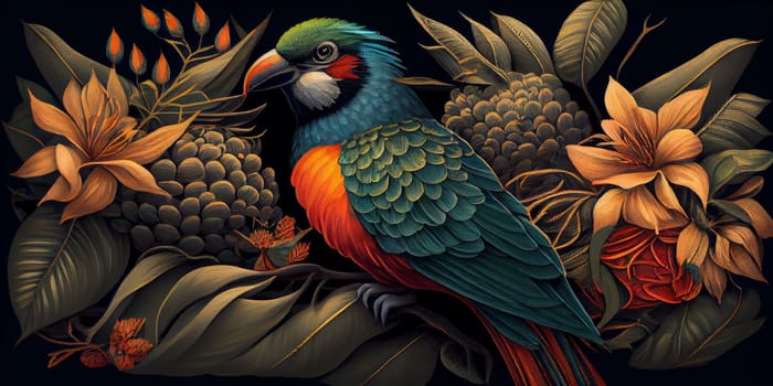 Tropical vintage exotic bird, flower, fruit, palm leaves floral . Exotic jungle wallpaper. AI Generative.