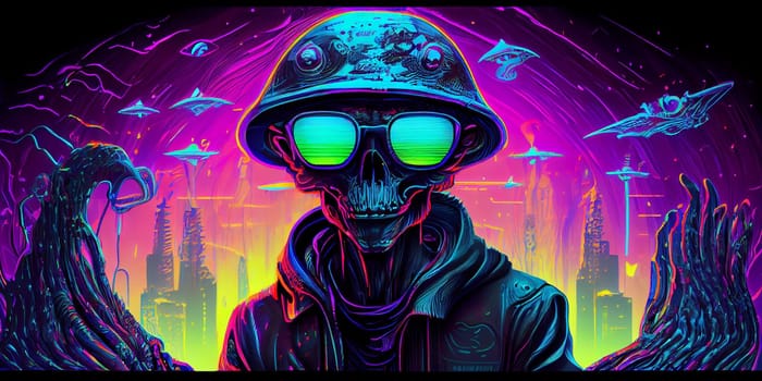 Psychedelic trippy alien cartoon 70s, rave style, acid color. Retrowave concept. AI Generative.