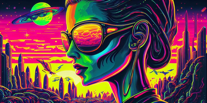 Psychedelic trippy alien cartoon 70s, rave style, acid color. Retrowave concept. AI Generative.