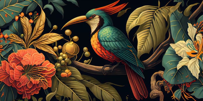 Tropical vintage exotic bird, flower, fruit, palm leaves floral . Exotic jungle wallpaper. AI Generative.