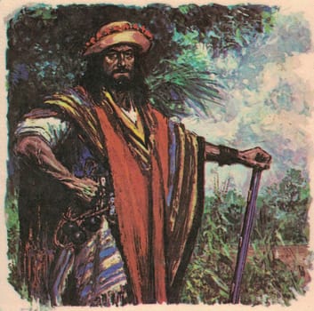 Color illustration shows the gaucho dressed in a poncho. Painting shows the gaucho in the rainforest. Vintage color picture shows adventure life in the last century.