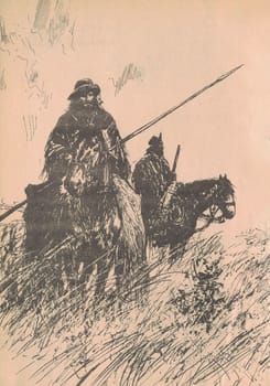 Black and white illustration shows gauchos on horseback in the pampa. Painting shows the gauchos. Vintage black and white picture shows adventure life in the last century.