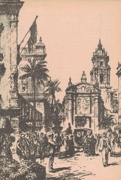Black and white illustration shows street in a South American city in the 19th century. Drawing shows South American street. Vintage black and white picture shows adventure life in the last century.