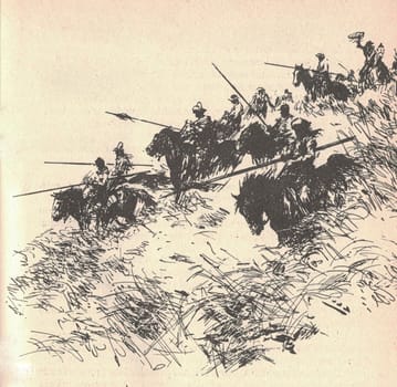 Black and white illustration shows the hunters on horseback. Drawing shows the Wild West life. Vintage black and white picture shows adventure life in the previous century. Life in the 19th century.