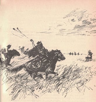 Black and white illustration shows the hunters on horseback. Drawing shows the hunter with bolas. Vintage black and white picture shows adventure life in the previous century. Life in the 19th century.