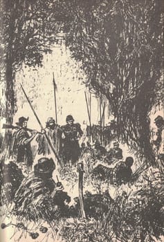 Black and white illustration shows armed men and prisoners. Drawing shows a South American rainforest. Vintage black and white picture shows adventure life in the previous century. Life in the 19th century.