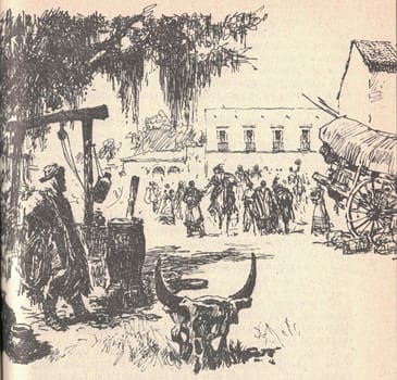 Black and white illustration shows marketplace in a South American city. Drawing shows a South American village. Vintage black and white picture shows adventure life in the previous century. Life in the 19th century.