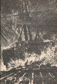 Black and white illustration shows a ship in a storm. Drawing shows a sailboat in a storm. Vintage black and white picture shows adventure life in the previous century. Life in the 19th century.