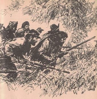 Black and white illustration shows hunters in the jungle. Drawing shows a hunters in South American rainforest. Vintage black and white picture shows adventure life in the previous century. Life in the 19th century.