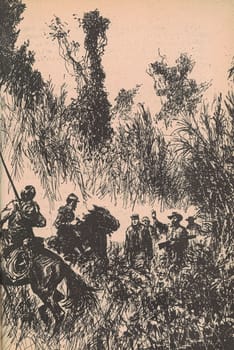 Black and white illustration shows hunters in the jungle. Drawing shows a hunters in South American rainforest. Vintage black and white picture shows adventure life in the previous century. Life in the 19th century.