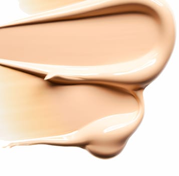 Beauty swatch and cosmetics texture, beige liquid cosmetic foundation smudge isolated on white background, generative AI.