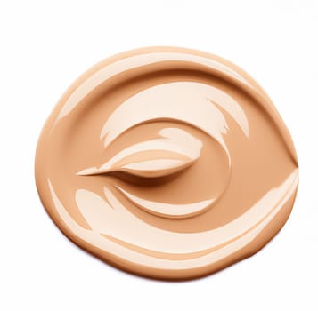 Beauty swatch and cosmetics texture, circle round beige liquid cosmetic foundation sample isolated on white background, generative AI.