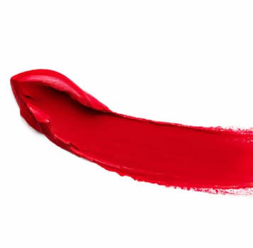 Beauty swatch and cosmetics texture, red lipstick or lip gloss cosmetic smudge isolated on white background, generative AI.