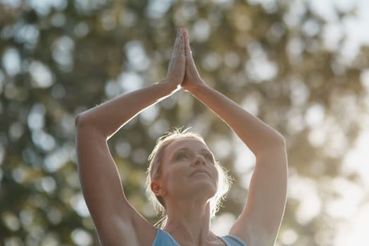 Nature brings peace to all. mature and fit woman engaging in a standing yoga pose with her hands touching above her head