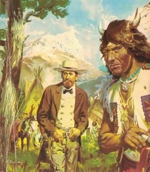 Color illustration shows a white man and an Indian. Painting shows the Wild West. Vintage color picture shows adventure life in the previous century.