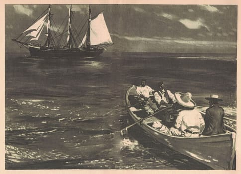 Black and white illustration shows a white man and a Mexican with a sombrero in the boat. Drawing shows the Wild West. Vintage black and white picture shows adventure life in the previous century.