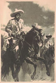 Black and white illustration shows Mexicans on horseback. Drawing shows the Wild West. Vintage black and white picture shows adventure life in the previous century.