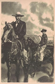 Black and white illustration shows men on horseback. Drawing shows the Wild West. Vintage black and white picture shows adventure life in the previous century.