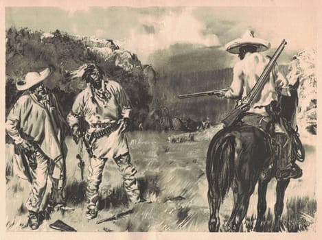 Black and white illustration shows a skirmish between a Mexican and an Amerindian. Drawing shows the Wild West. Vintage black and white picture shows adventure life in the previous century.