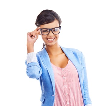 Cute, isnt it. Studio shot of a pretty young woman wearing glasses over a white background