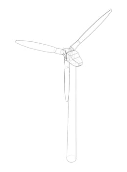 Wind turbine. 3d illustration. Wire-frame style. The layers of visible and invisible lines are separated