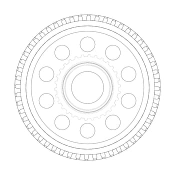 Gear wheel on white. 3d illustration. Wire-frame style. Front view