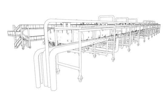 Sketch of industrial equipment. 3d illustration. Wire-frame style