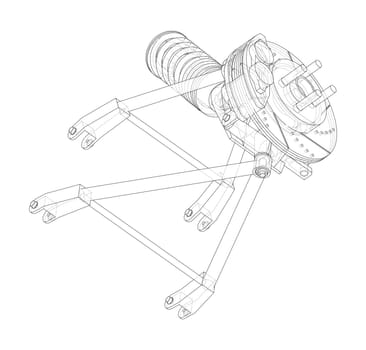 Car suspension with shock absorber. 3d illustration. Wire-frame style