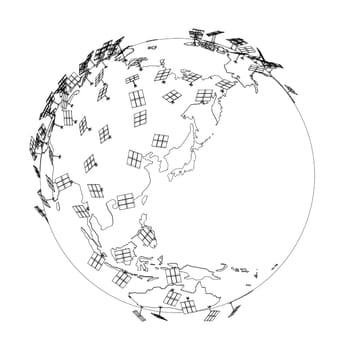 Solar Panels on Earth Concept. 3d illustration. Wire-frame style