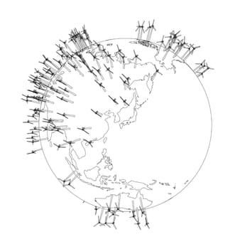 Electric wind turbines on Earth. 3d illustration