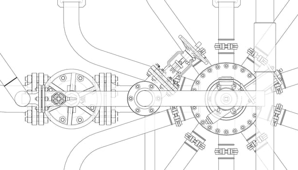 Valves and other industrial equipment. 3d illustration. Wire-frame style. Orthography