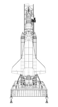 Space Rocket on launch pad. 3d illustration. Wire-frame style. Elements of this image furnished by NASA