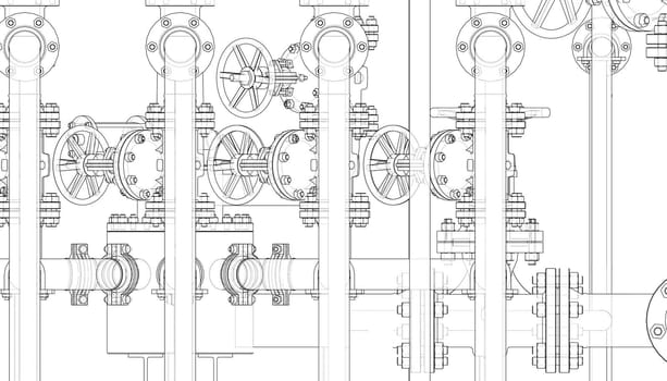 Valves and other industrial equipment. 3d illustration. Wire-frame style. Orthography