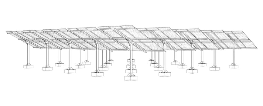 Solar Panel Field. 3d illustration. Wire-frame style