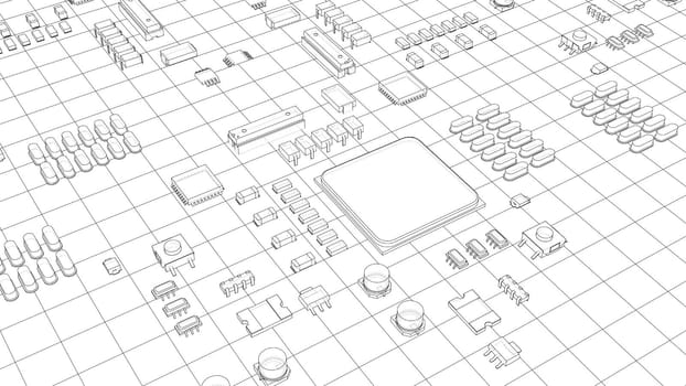 Electric circuit board, various chips and electronic components. 3d illustration. Wire-frame style