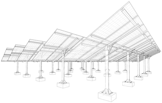 Solar Panel Field. 3d illustration. Wire-frame style