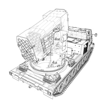 Military track missle system. 3d illustration. Wire-frame style