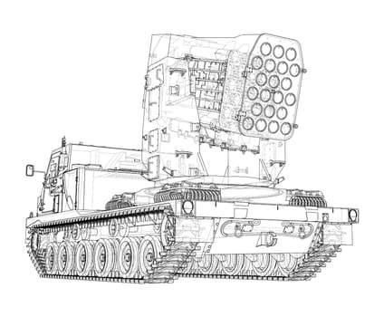 Military track missle system. 3d illustration. Wire-frame style