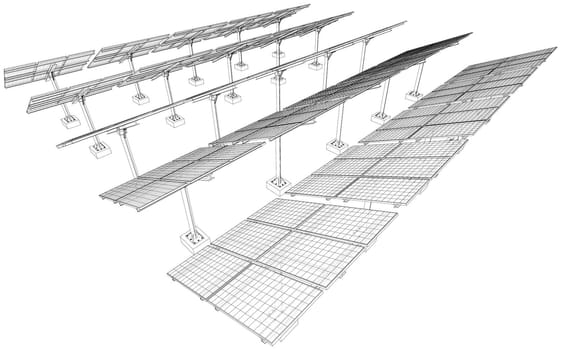 Solar Panel Field. 3d illustration. Wire-frame style