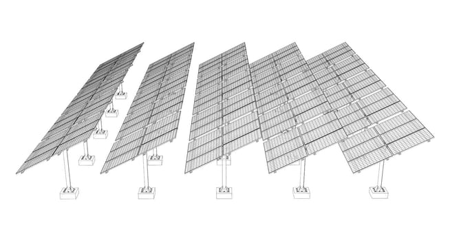 Solar Panel Field. 3d illustration. Wire-frame style