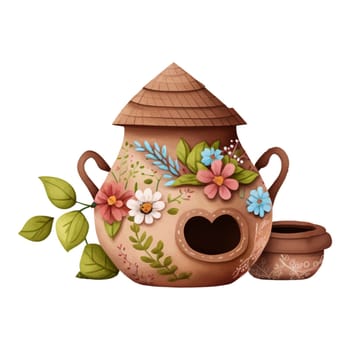 Spring Love Flowers Clay Pot Watercolor Illustration. Lovely Bird Clay House decoration watercolor illustration with spring flowers.