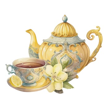 Lemon tea and porcelain tea pot Watercolor Clipart. Lemon Tea Party with tea set, pitcher, tea pot, tea cup and cold drink design elements for isolated on white background for pattern, decoration, planner sticker, sublimation and more.