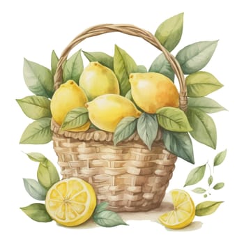 Lemons in the basket Watercolor Clipart. Lemon Tea Party with tea set, pitcher, tea pot, tea cup and cold drink design elements for isolated on white background for pattern, decoration, planner sticker, sublimation and more.