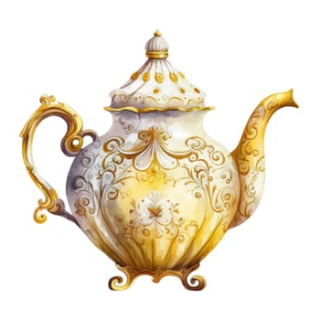 Lemon Royal Tea Pot Watercolor Clipart. Lemon Tea Party with tea set, pitcher, tea pot, tea cup and cold drink design elements for isolated on white background for pattern, decoration, planner sticker, sublimation and more.
