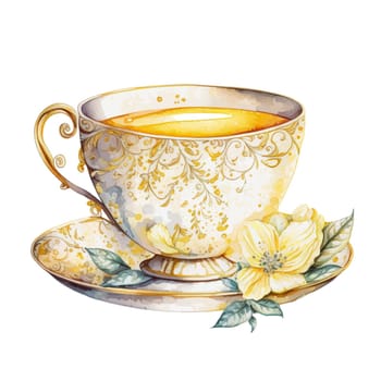 Lemon Royal Tea Cup Watercolor Clipart. Lemon Tea Party with tea set, pitcher, tea pot, tea cup and cold drink design elements for isolated on white background for pattern, decoration, planner sticker, sublimation and more.