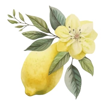 Lemon and Yellow Lemon Flower Watercolor Clipart. Lemon Tea Party with tea set, pitcher, tea pot, tea cup and cold drink design elements for isolated on white background for pattern, decoration, planner sticker, sublimation and more.