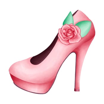 Pink high heel for lovely lady Watercolor Clipart PNG . Paris In Love collection with lovely romantic girl high heel with rose flower for romantic design element, love art, wedding watercolor illustration.